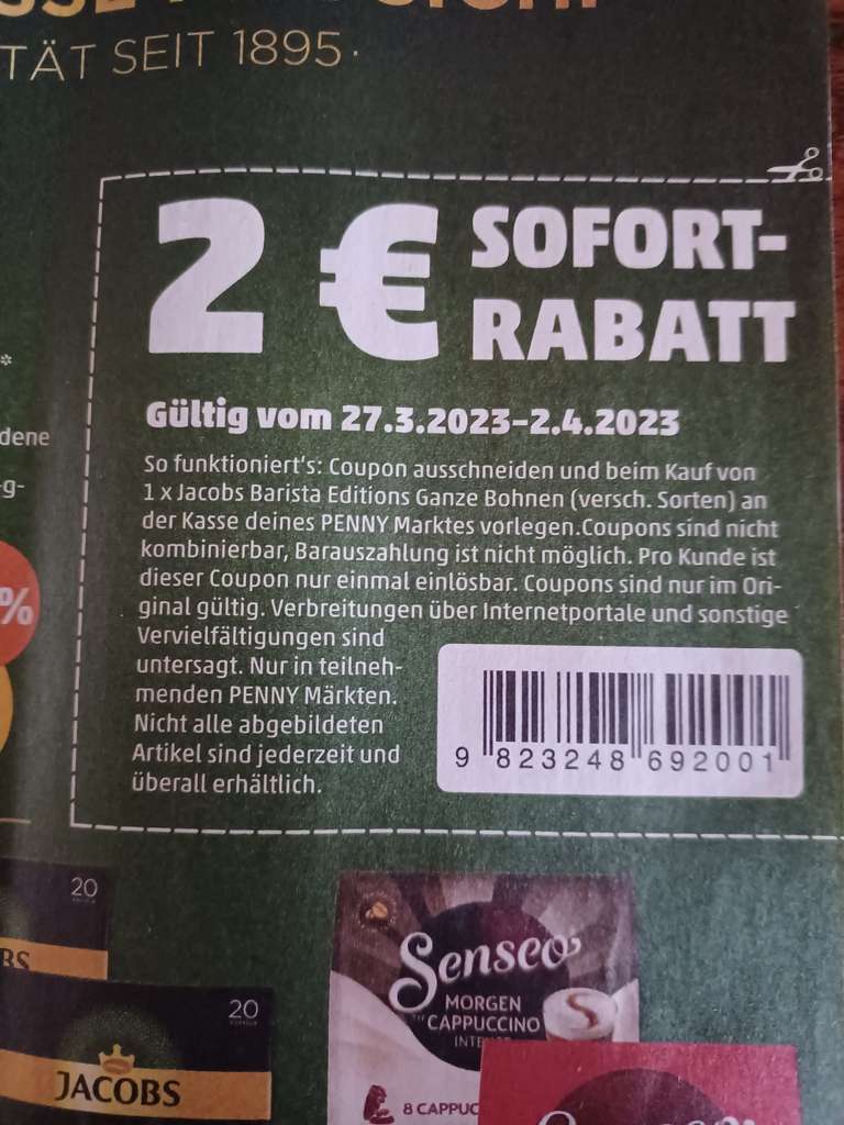 Penny: 1kg Bohnen von Jacobs 'Barista Edition' mit 2€ Coupon aus Flyer preislich von 9.99€ auf 7.99€ reduzieren/ ab 27.03.