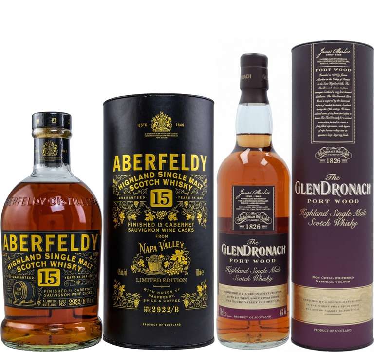 Whisky-Übersicht 180: z.B. Aberfeldy 15 Jahre Napa Valley Highland Single Malt für 55,89€, Glendronach Port Wood für 53,90€ inkl. Versand