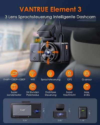 VANTRUE E3 3 Lens 2.7K Dashcam Front/Heck/Innenraum mit 5% Gutschein (Amazon/Comfyer)