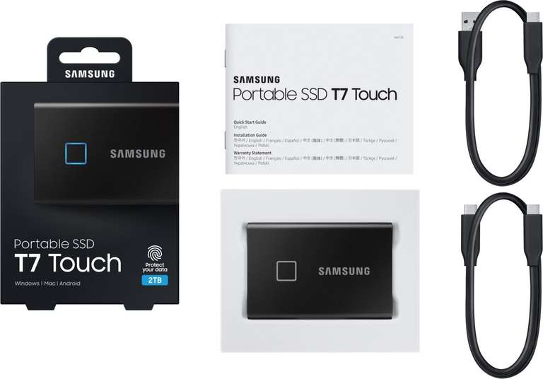 Samsung Portable SSD T7 Touch 2TB (~950MB/s, USB-C, TLC, 256bit AES-Verschlüsselung, Fingerprint-Reader, 85x57x8mm, 51g, 3J Garantie)