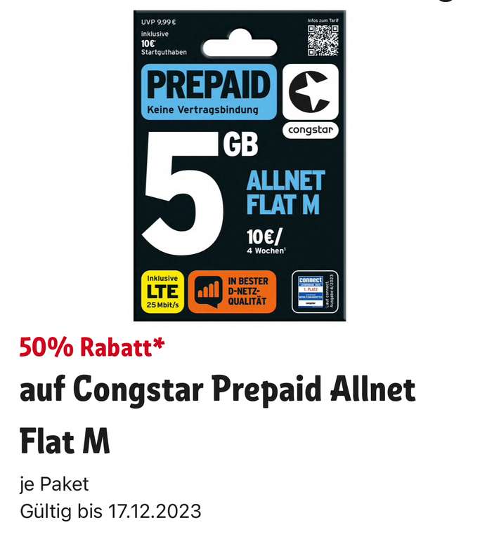 (Rewe App) 50 % Rabatt auf Congstar Prepaid Starterset Allnet Flat M und Prepaid Wunschmix