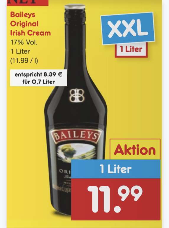(OFFLINE Netto) 1 Liter Baileys Original | Irish Cream Likör (8.-10.12.)