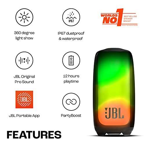 JBL Pulse 5 Bluetooth Lautsprecher Schwarz mit Lichtshow 12 Stunden Spielzeit IP67 / CB 151,19€