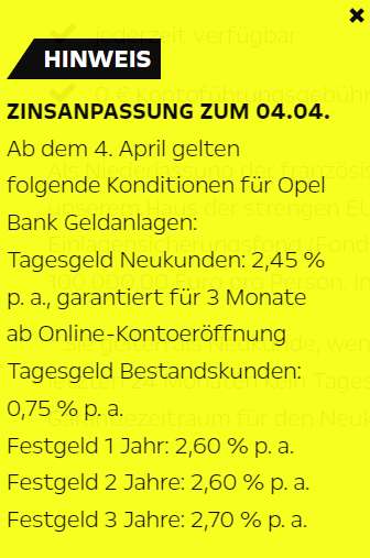 [Opel Bank] 2.45% Tagesgeld für 3 Monate ab 04.04. für Neukunden (auch Junior Konten)