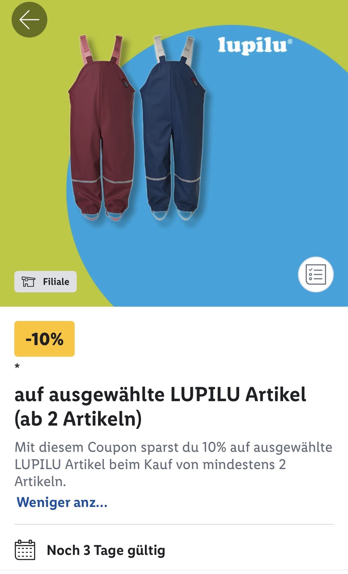 [Lidl Plus] App-Coupon 10 % auf ausgewählte LUPILU Artikel (ab 2 Artikeln) ggf. personalisiert z.B. Matsch-Overall