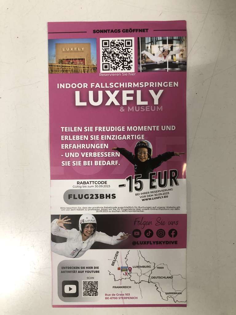 15€ Rabatt auf Luxembourg LUXFLY Indoor Fallschirmspringen und Museum