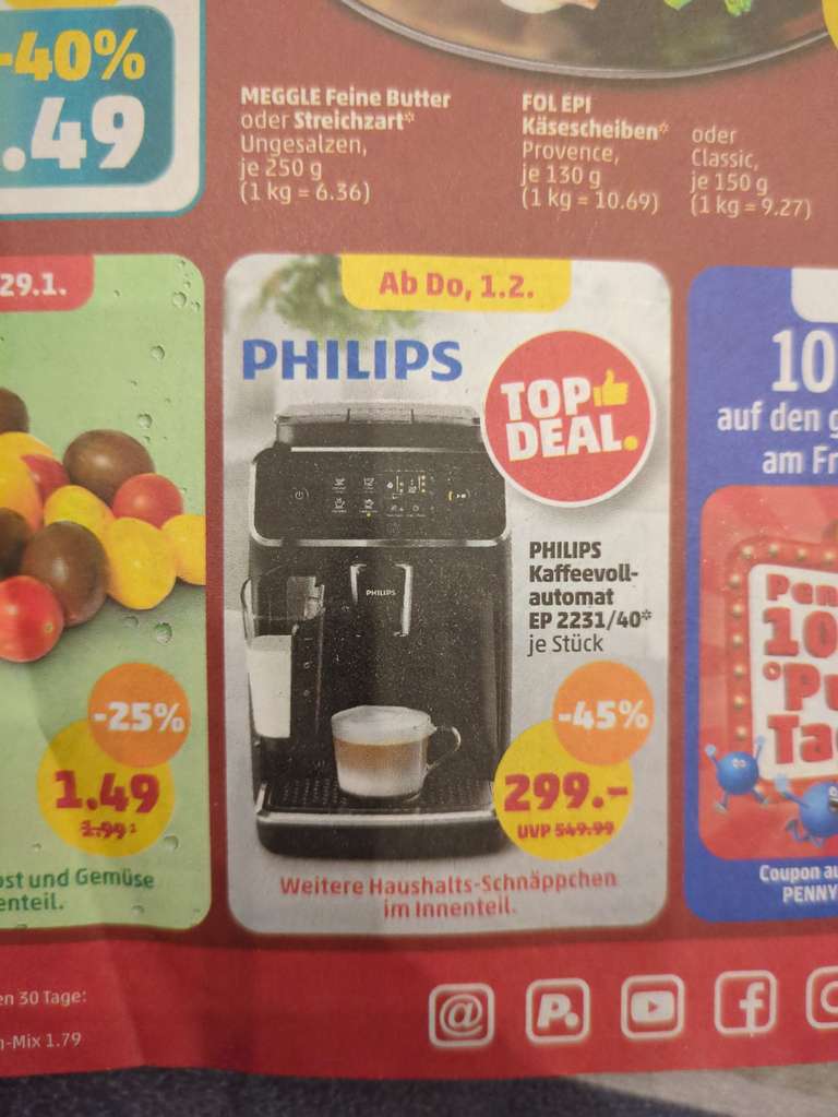 [Penny] Philips Kaffeevollautomat EP2231/40 für 299€
