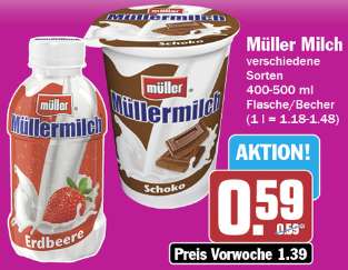 [Hit] Müller Milch 400-500 ml Becher/Flasche nur 59 Cent (Freitag & Samstag)