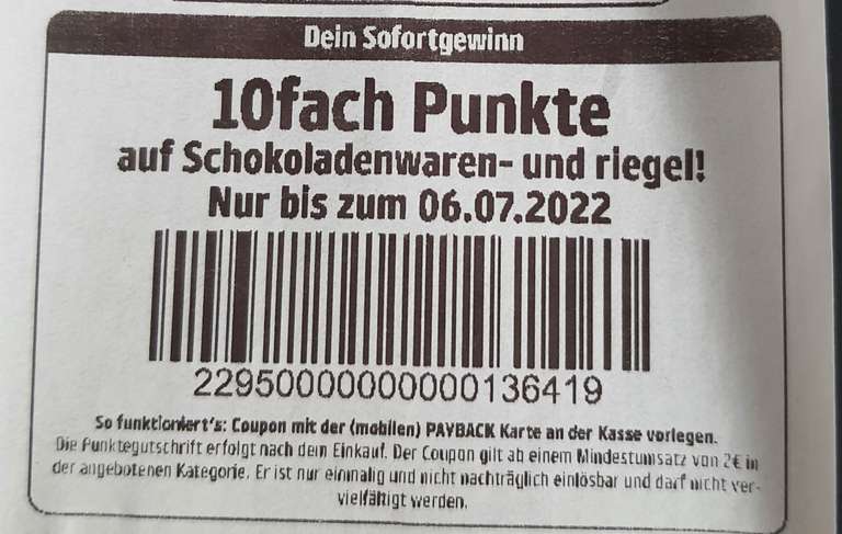 Penny Payback 10fach Schokoladenware - Riegel (2€ Mindestumsatz)