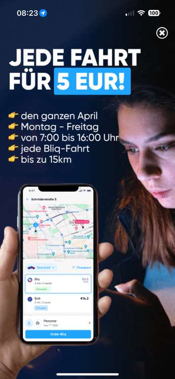 [Lokal Berlin] 5€ pro Fahrt mit Bliq (wie Uber) - Mo-Fr 7-16 Uhr im April