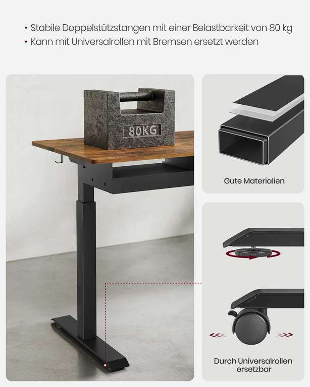 VASAGLE Höhenverstellbarer Schreibtisch elektrisch, mit Steckdose und Schublade, 60 x 120 cm (vintagebraun-schwarz LSD112X01)