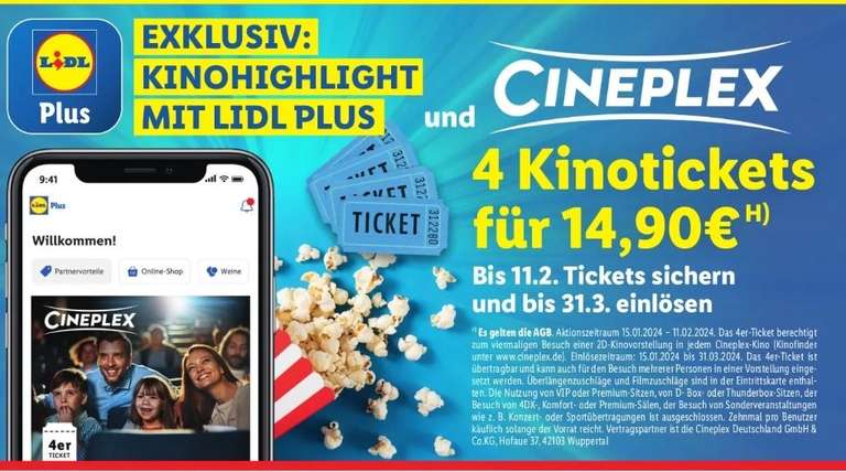 [Lidl Plus] 15.01.-11.02 Cineplex 4er Tickets für 14,90€ (2D, Überlängen- und Filmzuschläge inbegriffen)