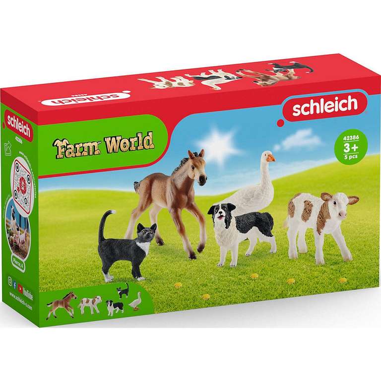 Schleich (42386) Farm World Tier-Mix, Spielfigur - Kalb, Katze, Border Collie, Gans & Fohlen - Amazon/Otto UP Plus