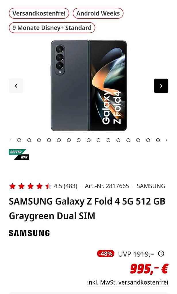 [Mediamarkt//Saturn] - Samsung Galaxy Z Fold 4 - 512GB | mydealz | alle Smartphones