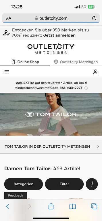 Bis zu 70% Rabatt bei Outletcity auf Tom Tailor Produkte, z.B, T-Shirts
