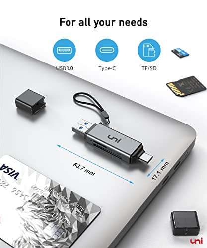 (Amazon Prime) uni USB Kartenleser 3.0, USB C, Aluminum 2 in 1, OTG Adapter (SD/Micro SD/TF/SDHC/SDXC)