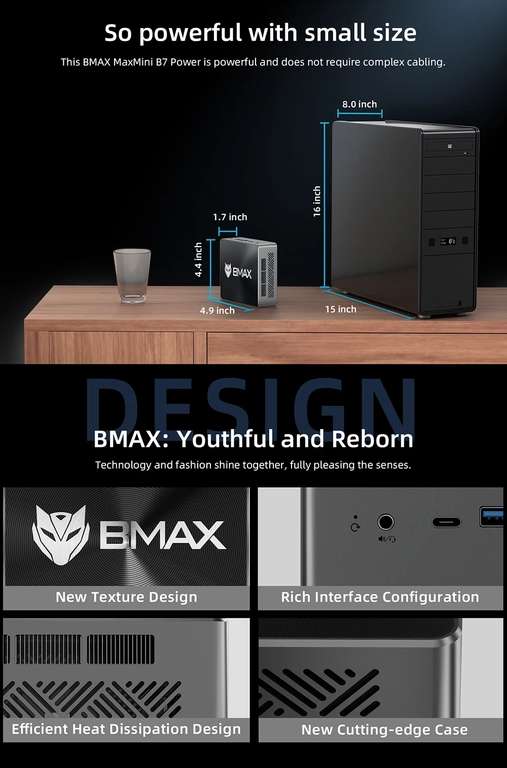 BMAX MaxMini B7 Power Mini-PC (i7-11390H, 16GB RAM, 1TB NVMe SSD, 2x HDMI 2.0, USB-C, 2x USB-A 3.0 & 2x 2.0, Wi-Fi 6, LAN, Win11 Pro)