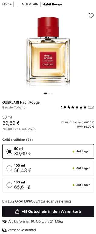 Guerlain Habit Rouge Eau de Toilette 50ml 39,69€ / 100ml 56,52€ / 150ml 65,61€ [Flaconi]