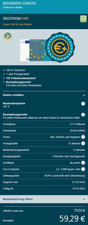 [Lokal Mainz] entega 29,49 ct/kW Grundgebühr 6,77 € Ökostrom, 12 Monate inklusive 107€ Neukundenprämie (über Check24 nur 77€)