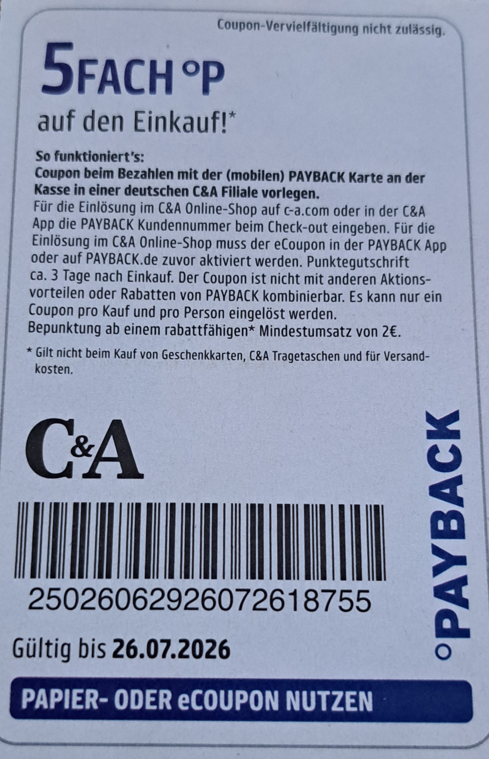 [C&A Payback] 5Fach Paybackpunkte ab 2€ Einkaufswert