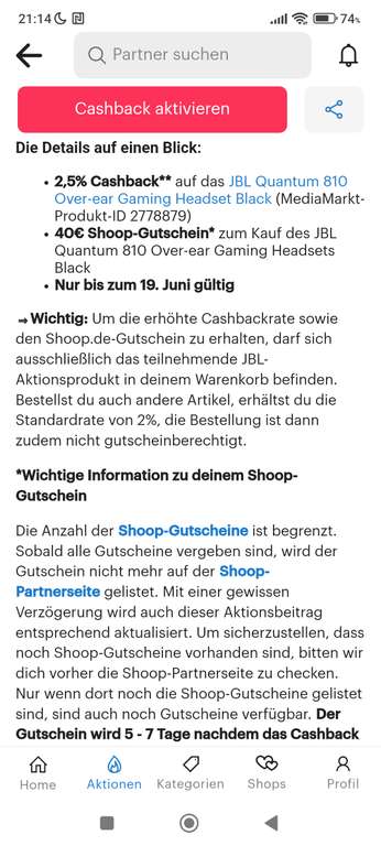 (Shoop & MediaMarkt) 2,5% Cashback auf den gesamten Einkauf + 40€ Shoop Gutschein beim Kauf von JBL Headset Quantum 810