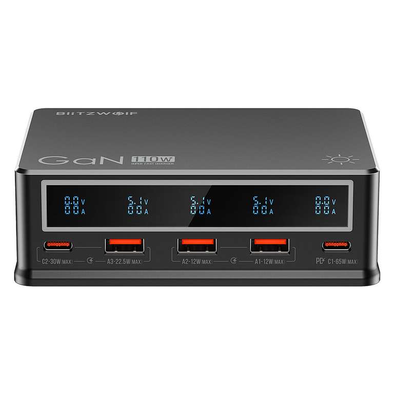 Tisch-Ladegerät Blitzwolf BW-i9 mit 110W, 5 USB-Ports, USB PD und QC, Display, GaN Ladestation mit 2x USB-C 3x USB-A
