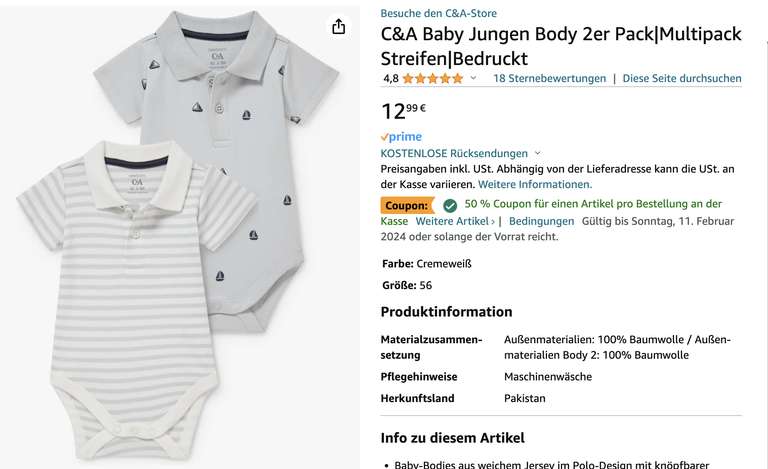 [Amazon] C&A Baby Body 2er Pack Größe 56 bedruckt - 100% Baumwolle (Prime/Packstation)