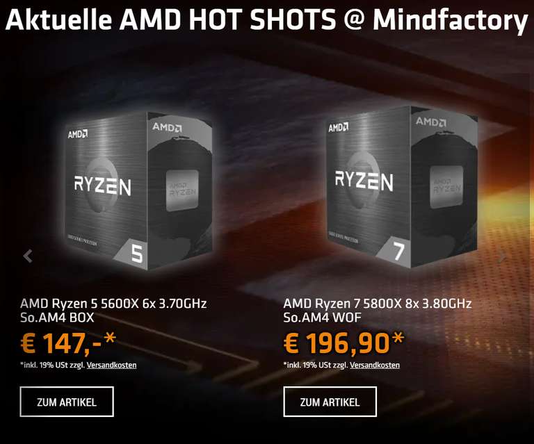 AMD HOT SHOTS @ Mindfactory | 5800X für 196,90 usw.