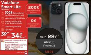[lokal NRW] iPhone 15 128 GB für Normalos mit VF Allnet 30 GB | 34,99€ mtl. | 29€ ZZ | –200€ bei RNM | optional mit GigaKombi