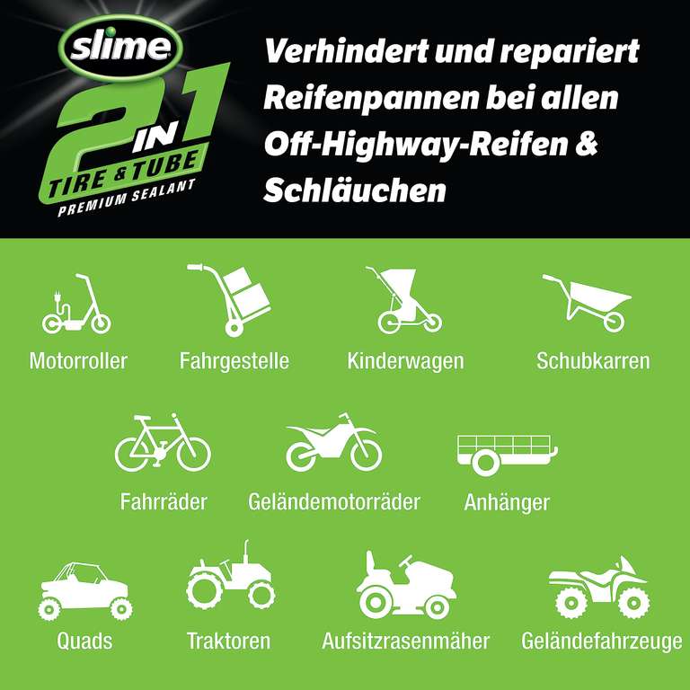 (Amazon) Slime 2-in-1-Dichtmittel für Reifen- und Schlauchpannen; Fahrrad, E-Scooter, Scooter etc.
