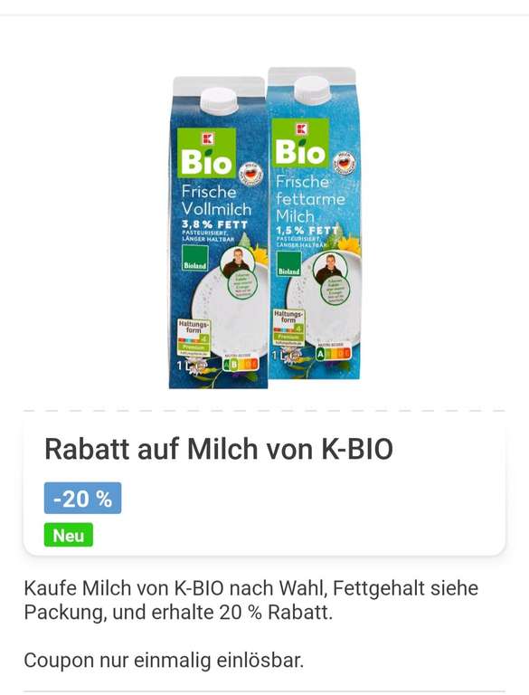 [Kaufland Card] (frische) Bio Vollmilch 3,8% Fett 1 €/l oder fettarm 0,92 €/l