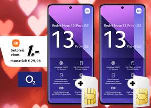 O2 Doppel SIM Aktion: 2 x Xiaomi Redmi Note 13 Pro+ 5G 512GB & 2 x O2 Mobile M Allnet/SMS Flat 25GB 5G für 1€ ZZG, 14,99€/Monat je SIM