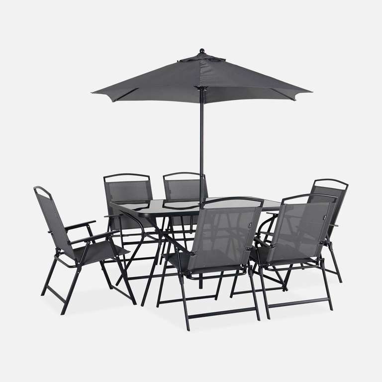 Gartengarnitur | 6 Klappstühle, Tisch (140 x 80 x 70 cm), Schirm (Ø 195 x H 202 cm) / Sitzgruppe