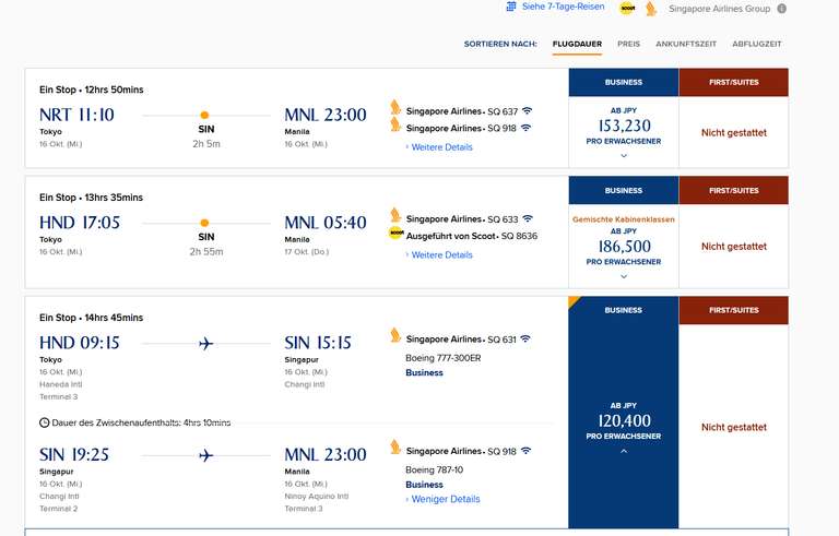NISCHEN-DEAL (?) - Singapore Airlines Business Class Tokyo -> Manila für € 729 (JPY 120.400)