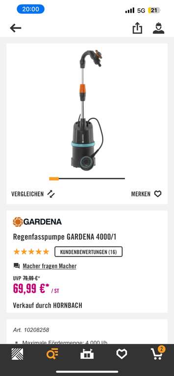 [lokal] Gardena Regenfasspumpe Preisfehler bei Hornbach