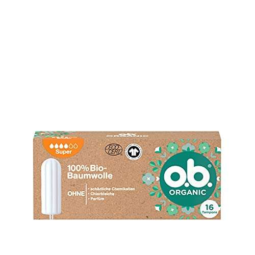 o.b. Organic Super, Bio Tampons aus 100 Prozent Bio Baumwolle für zuverlässigen & natürlichen Schutz, 16 Stück (Prime SparAbo)