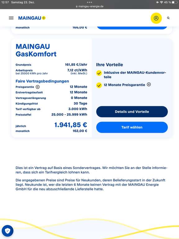 Maingau Gastarif 7,12Cent / KWh inkl. Mwst. 12 Monate