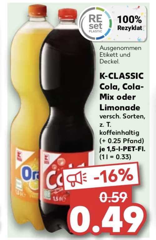 K-CLASSIC Cola, Cola-Mix oder Limonade 1,5l-Fl. für 49 Cent bei KAUFLAND