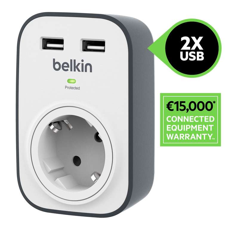 Belkin SurgeCube USB-Steckdose und Überspannungsschutz, 2 USB-Steckplätze (2,4 A) (Prime)