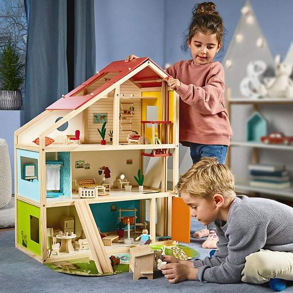 Playland Puppenhaus XXL mit 80 Teilen Holz Spielzeug Puppenstube Spielhaus Neu 