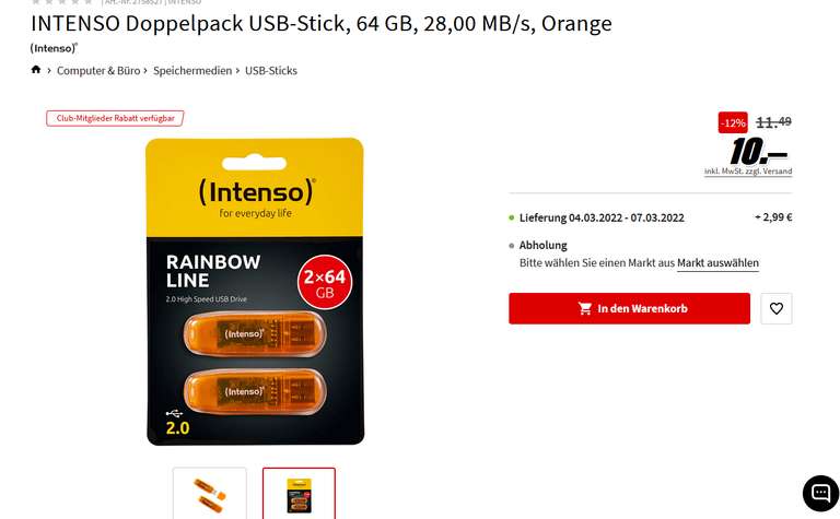 INTENSO Doppelpack USB-Stick, 64 GB, 28,00 MB/s (Abholung)