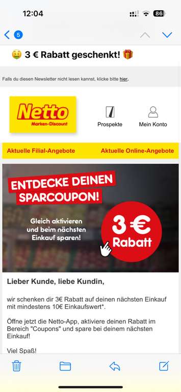 [Netto App, personalisiert] 3€ Rabatt Coupon ab 10€ MEW