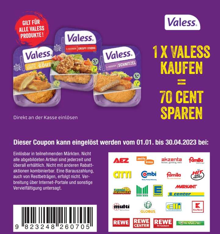 1x Valess Produkte nach Wahl Kaufen = 0,70€ Sparen
