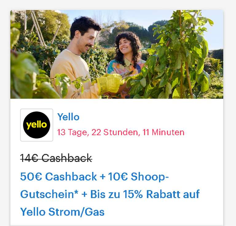 [Yello + Shoop] 50€ Cashback + 10€ Shoop-Gutschein* + Bis zu 15% Rabatt auf Yello Strom/Gas