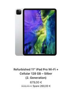 Apple iPad Pro 11" Wi-Fi + Cellular 128 GB – Silber (2. Generation, 2020) Refurbished