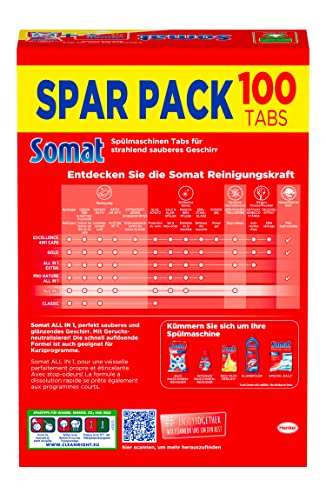 [PRIME/Sparabo] Somat All in 1 Spülmaschinen Tabs, 100 Tabs, Sparpack, Geschirrspül Tabs für kraftvolle Reinigung
