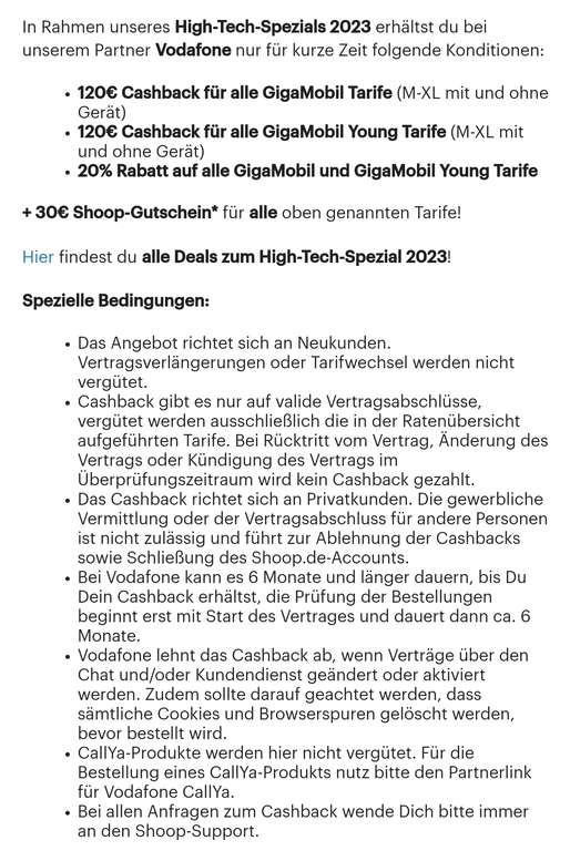 (Shoop) 120€ Cashback + 30€ Shoop-Gutschein + 20% Rabatt auf alle Gigamobil (young) Vodafone Handy DSL Verträge