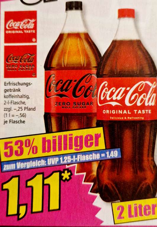 [Norma] Coca-Cola oder Coca-Cola Zero, je 2 Liter Flasche, nur 1,11 € (0,56 Cent/L) - ab Freitag, den 22.03.2024