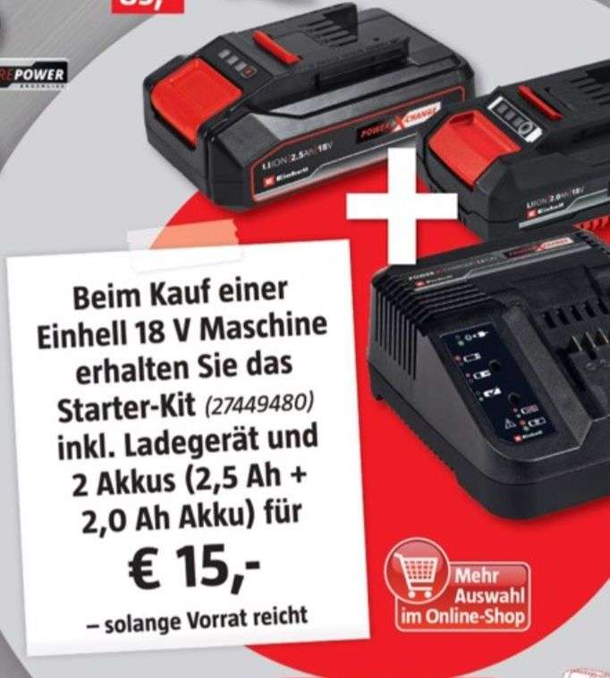 Bauhaus - Kaufe eine Einhell 18V Maschine und erhalte ein Einhell Starter Kit inkl. Ladegerät + 2 Akkus (2,5Ah/2Ah) für 15 Euro ab 02.09