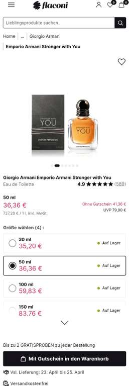 Flaconi Luxury Shopping 5€/10€/15€ Rabatt ab 29€/69€/99€ - zb: Armani Stronger With You Eau de Toilette 50ml / Spicebomb Extreme 90ml 67,99€